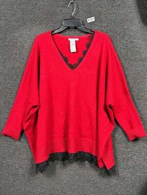 Chico's Tunic Sweater Womens Size L/XL Red Dollman Sleeve Crochet Trim Oversized